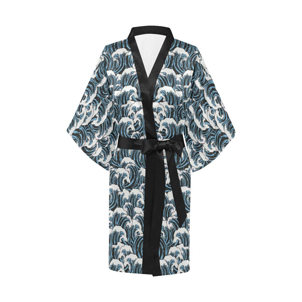 Surf Wave Pattern Print Women Short Kimono Robe