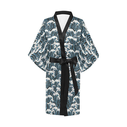 Surf Wave Pattern Print Women Short Kimono Robe