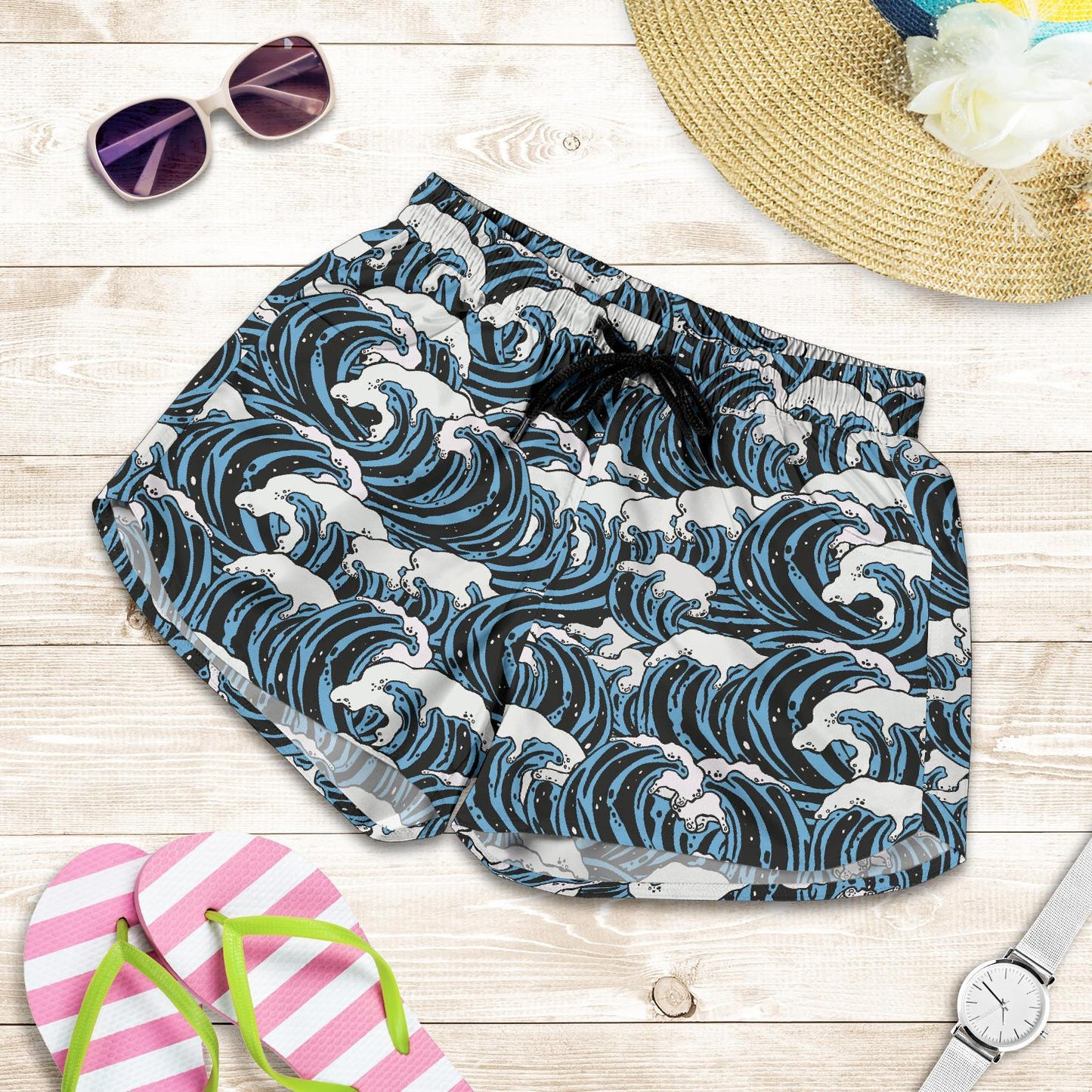 Surf Wave Pattern Print Women Shorts-JTAMIGO.COM