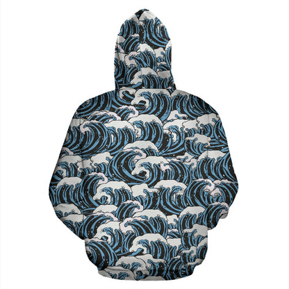 Surf Wave Pattern Print Zip Up Hoodie