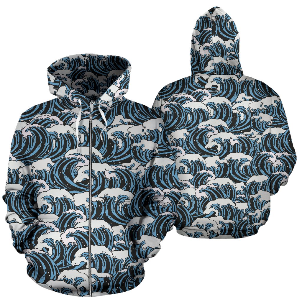 Surf Wave Pattern Print Zip Up Hoodie