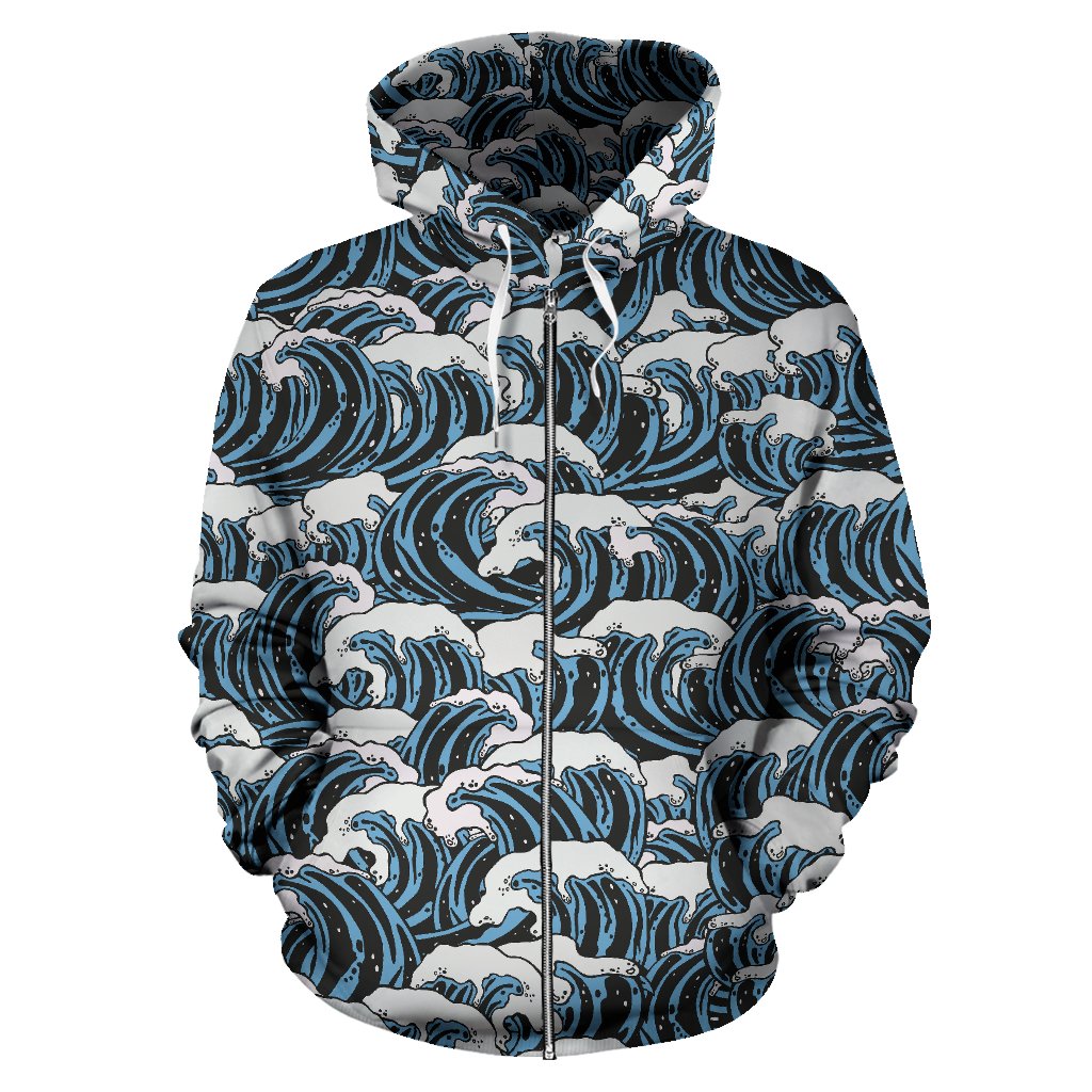 Surf Wave Pattern Print Zip Up Hoodie