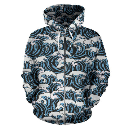 Surf Wave Pattern Print Zip Up Hoodie
