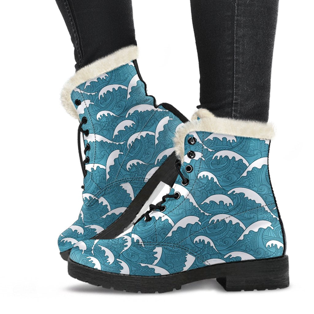 Surf Wave Tribal Design Faux Fur Leather Boots-JTAMIGO.COM