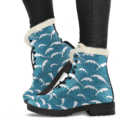 Surf Wave Tribal Design Faux Fur Leather Boots-JTAMIGO.COM
