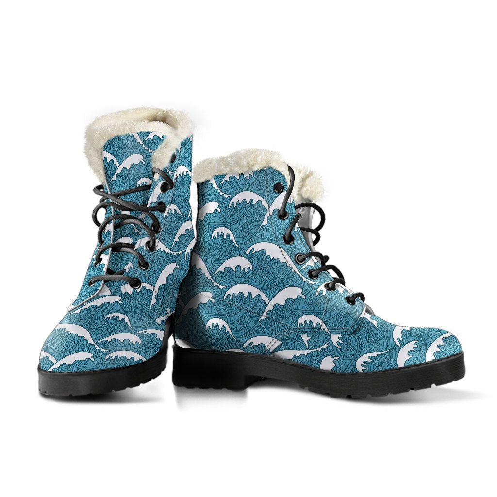 Surf Wave Tribal Design Faux Fur Leather Boots-JTAMIGO.COM