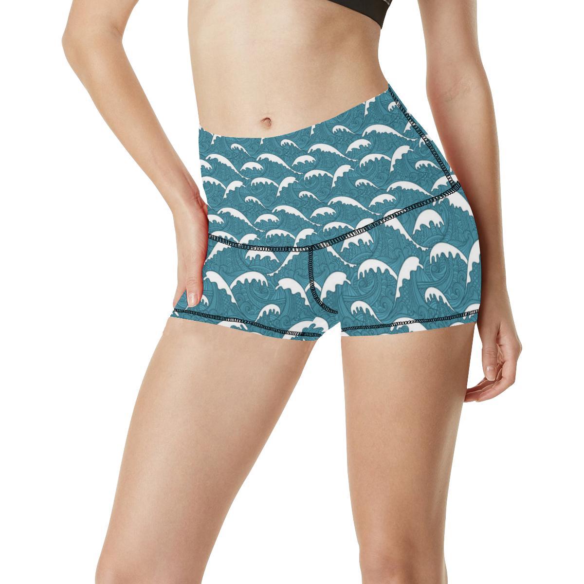 Surf Wave Tribal Design High Waisted Spandex Shorts-JTAMIGO.COM