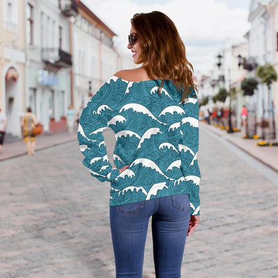 Surf Wave Tribal Design Off Shoulder Sweatshirt