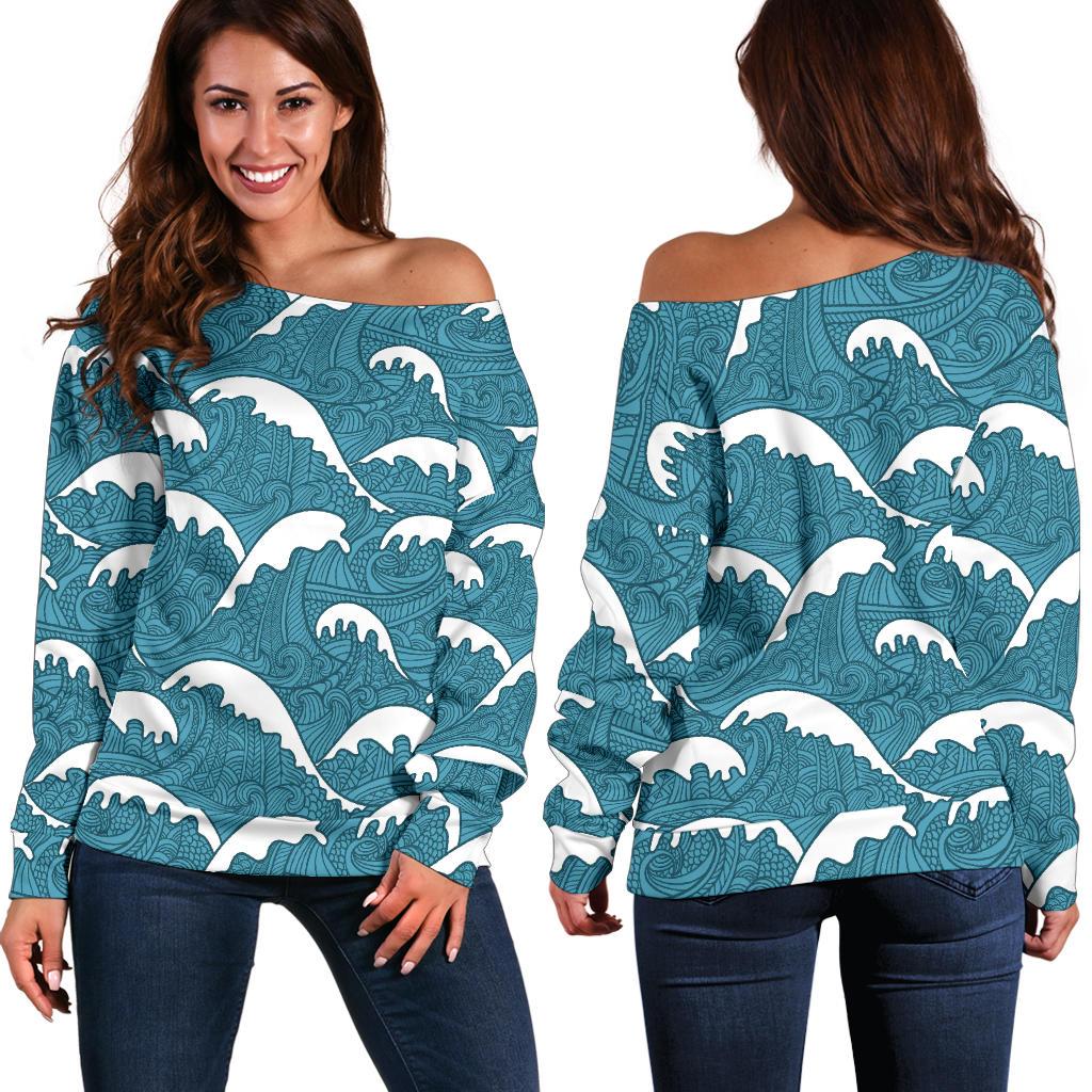 Surf Wave Tribal Design Off Shoulder Sweatshirt