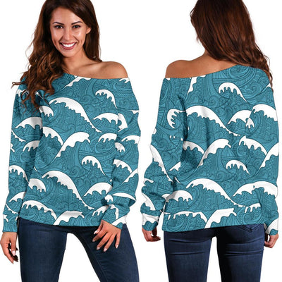 Surf Wave Tribal Design Off Shoulder Sweatshirt