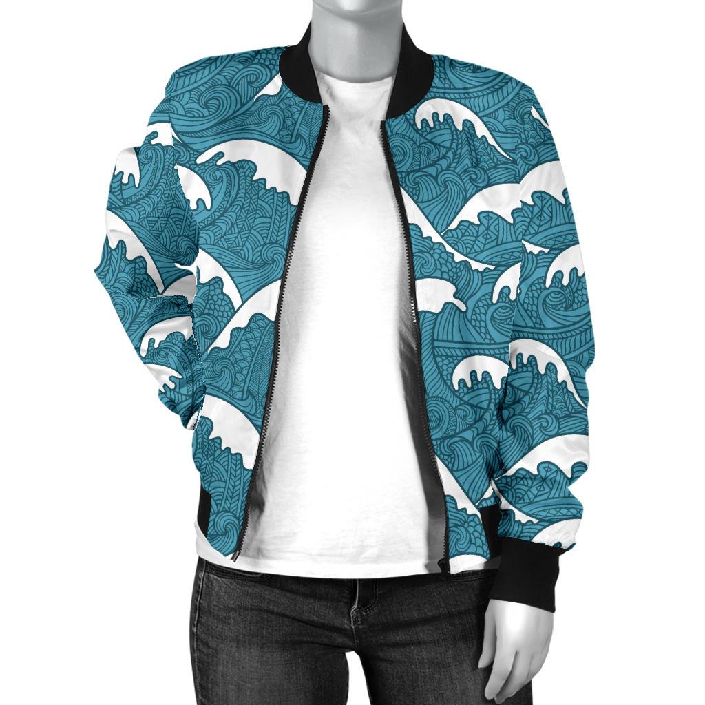 Surf Wave Tribal Design Women Casual Bomber Jacket