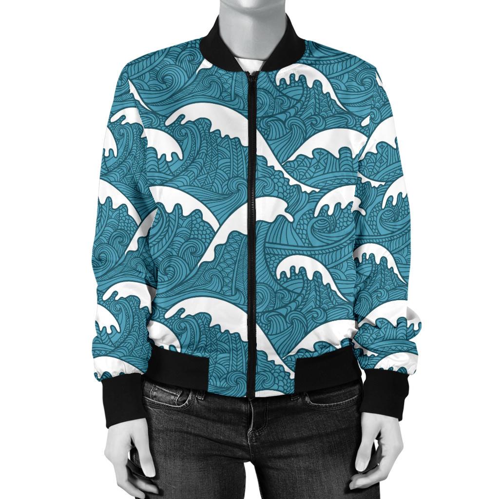 Surf Wave Tribal Design Women Casual Bomber Jacket