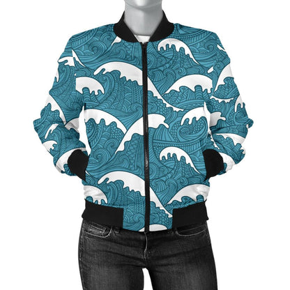 Surf Wave Tribal Design Women Casual Bomber Jacket