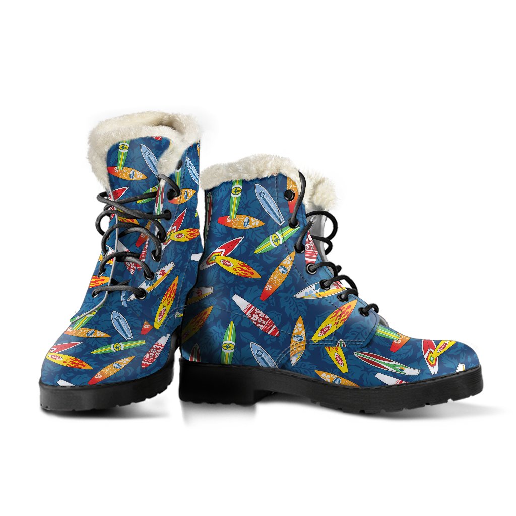 Surfboard Pattern Print Faux Fur Leather Boots-JTAMIGO.COM