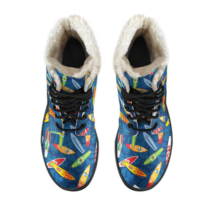 Surfboard Pattern Print Faux Fur Leather Boots-JTAMIGO.COM