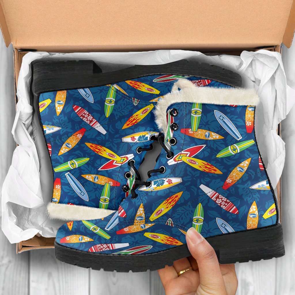 Surfboard Pattern Print Faux Fur Leather Boots-JTAMIGO.COM