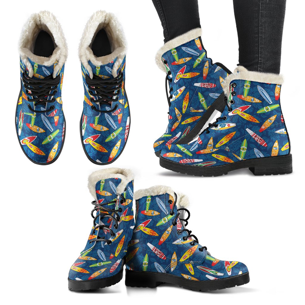 Surfboard Pattern Print Faux Fur Leather Boots-JTAMIGO.COM