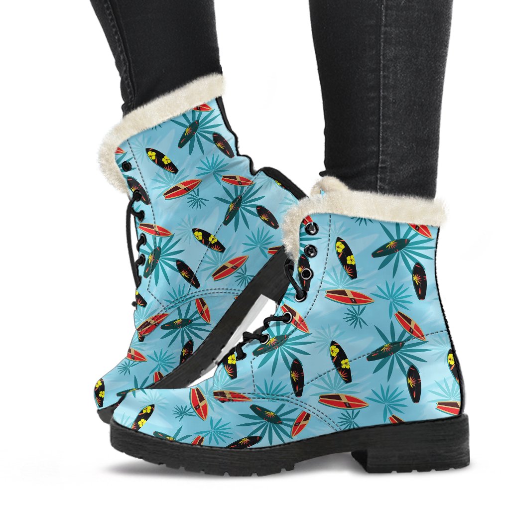 Surfboard Themed Pattern Faux Fur Leather Boots-JTAMIGO.COM