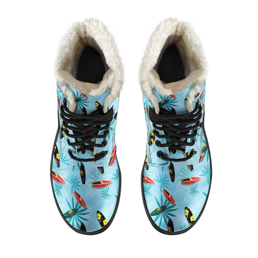 Surfboard Themed Pattern Faux Fur Leather Boots-JTAMIGO.COM