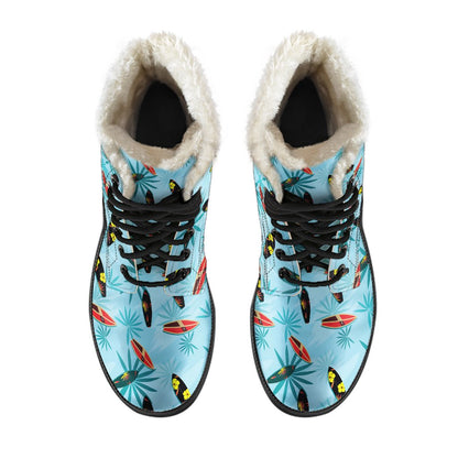 Surfboard Themed Pattern Faux Fur Leather Boots-JTAMIGO.COM
