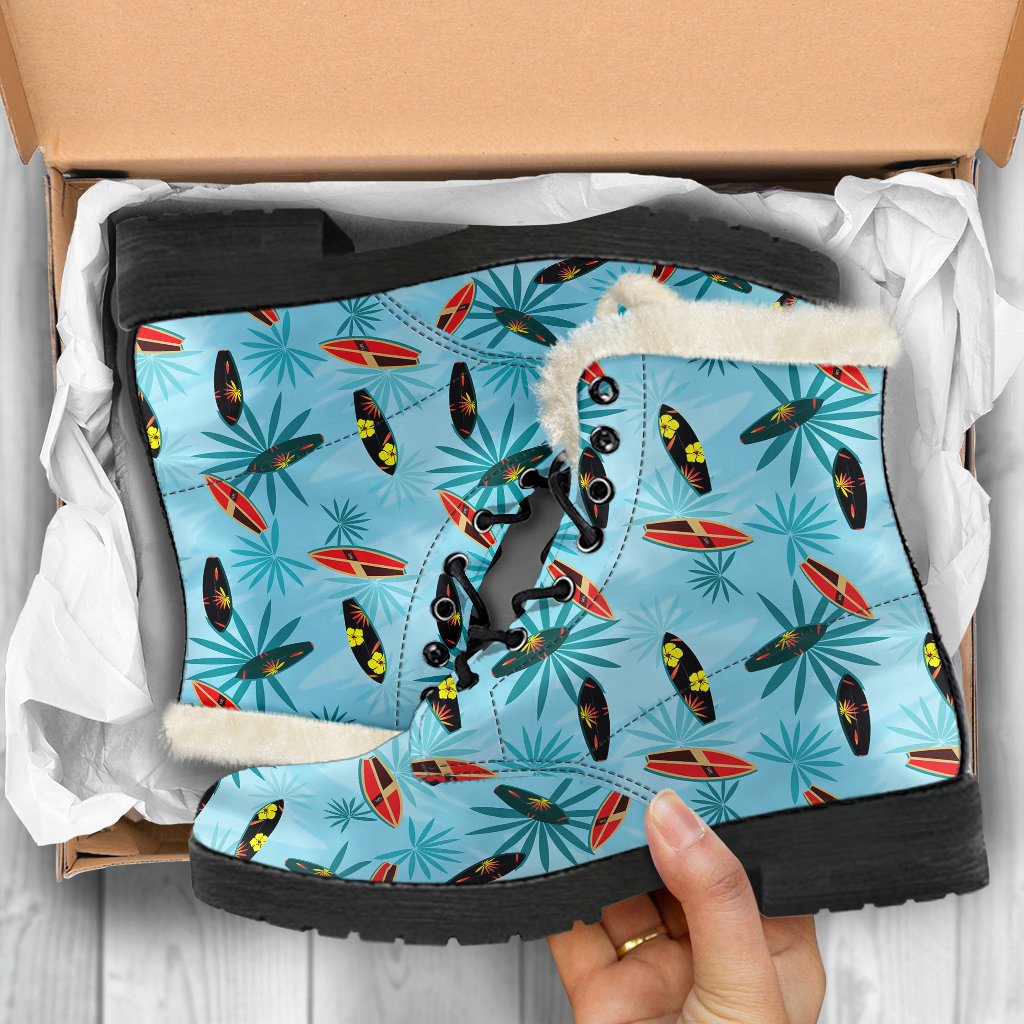 Surfboard Themed Pattern Faux Fur Leather Boots-JTAMIGO.COM