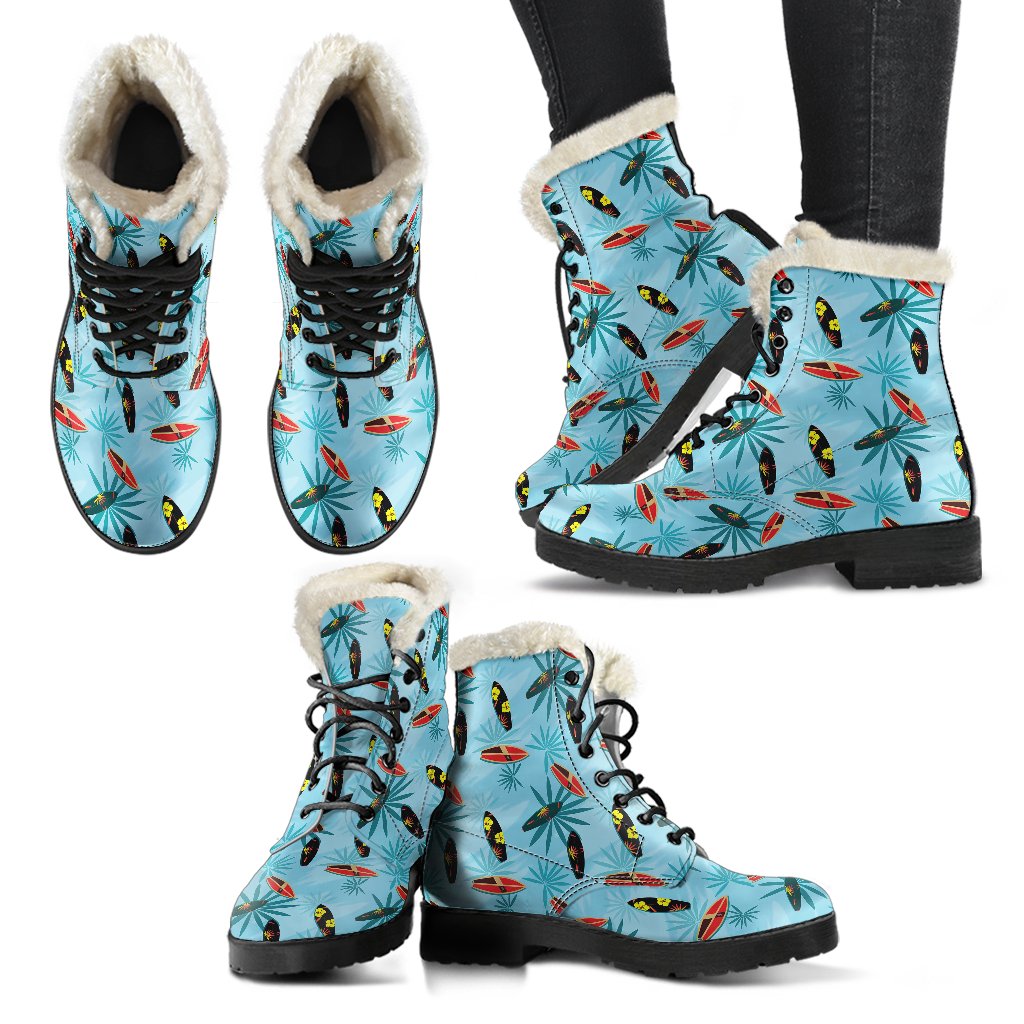 Surfboard Themed Pattern Faux Fur Leather Boots-JTAMIGO.COM