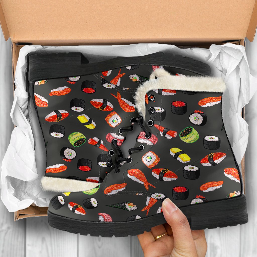 Sushi Design Print Faux Fur Leather Boots-JTAMIGO.COM