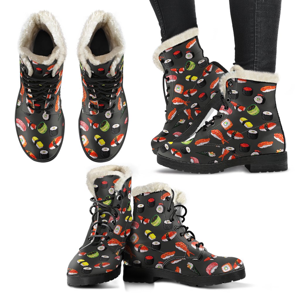 Sushi Design Print Faux Fur Leather Boots-JTAMIGO.COM