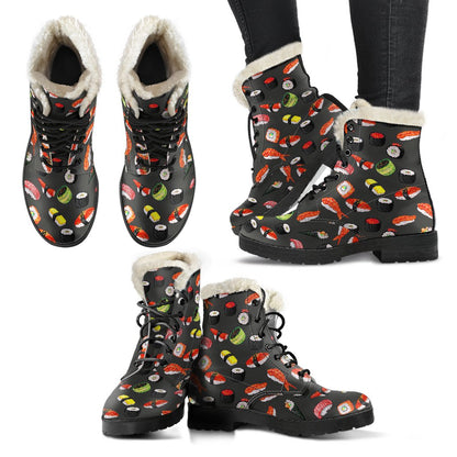 Sushi Design Print Faux Fur Leather Boots-JTAMIGO.COM