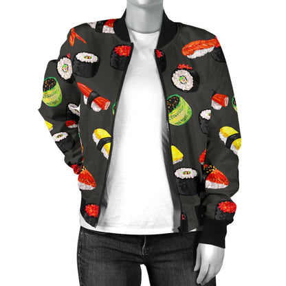 Sushi Design Print Women Casual Bomber Jacket