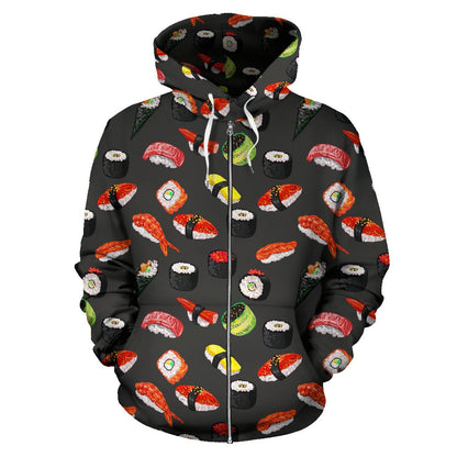 Sushi Design Print Zip Up Hoodie