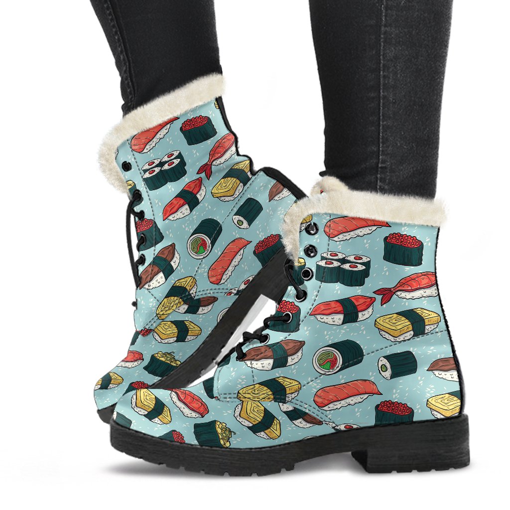 Sushi Pattern Design Faux Fur Leather Boots-JTAMIGO.COM
