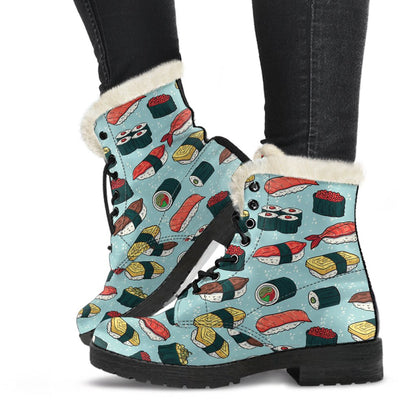 Sushi Pattern Design Faux Fur Leather Boots-JTAMIGO.COM