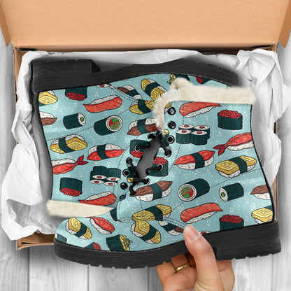 Sushi Pattern Design Faux Fur Leather Boots-JTAMIGO.COM