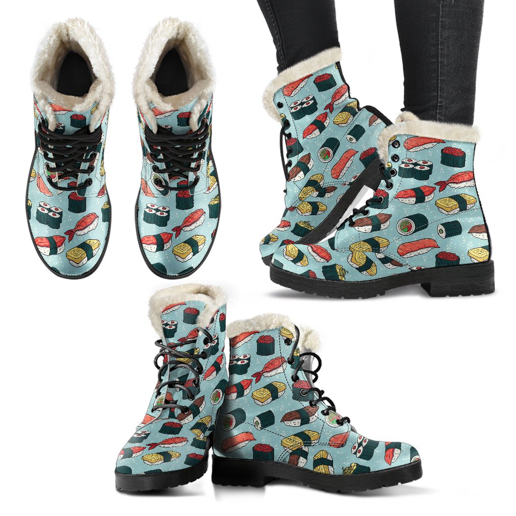 Sushi Pattern Design Faux Fur Leather Boots-JTAMIGO.COM