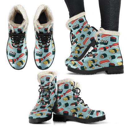 Sushi Pattern Design Faux Fur Leather Boots-JTAMIGO.COM
