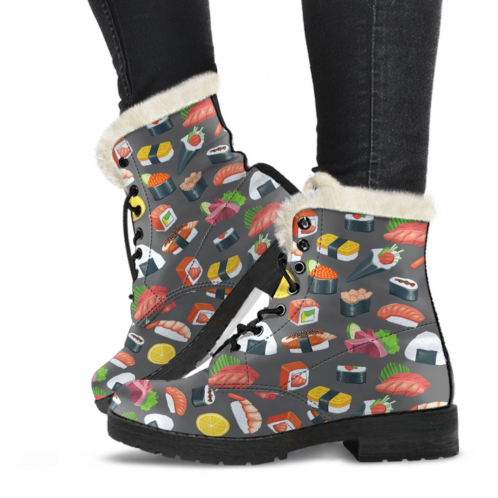 Sushi Pattern Print Faux Fur Leather Boots-JTAMIGO.COM