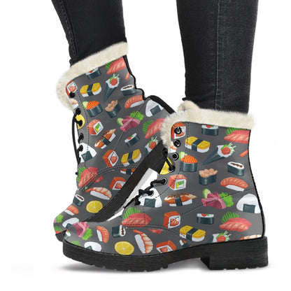 Sushi Pattern Print Faux Fur Leather Boots-JTAMIGO.COM