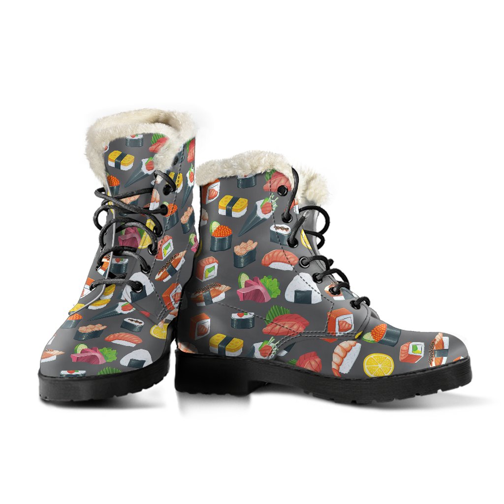 Sushi Pattern Print Faux Fur Leather Boots-JTAMIGO.COM
