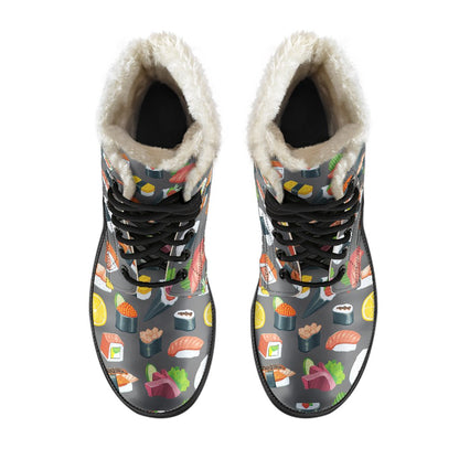 Sushi Pattern Print Faux Fur Leather Boots-JTAMIGO.COM