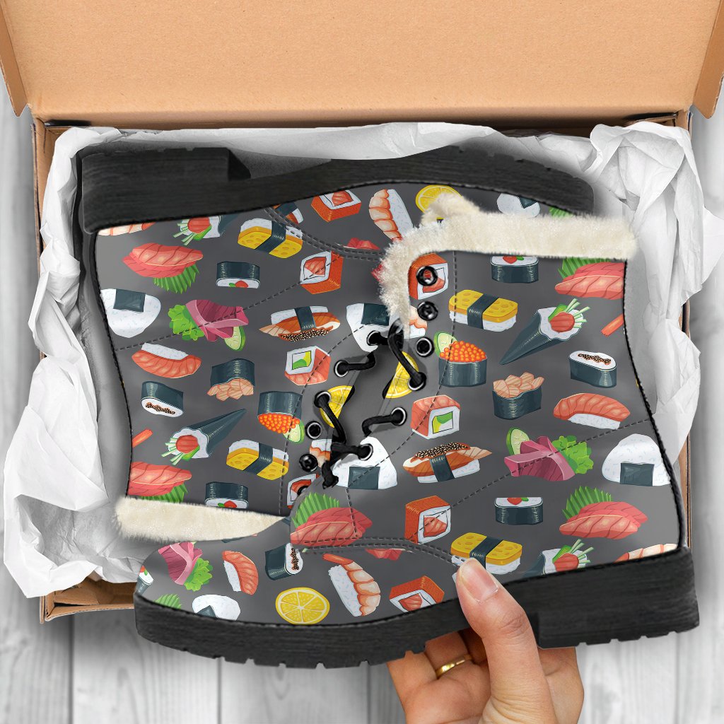 Sushi Pattern Print Faux Fur Leather Boots-JTAMIGO.COM