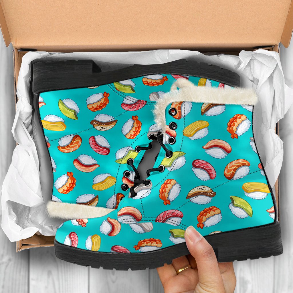 Sushi Themed Print Faux Fur Leather Boots-JTAMIGO.COM