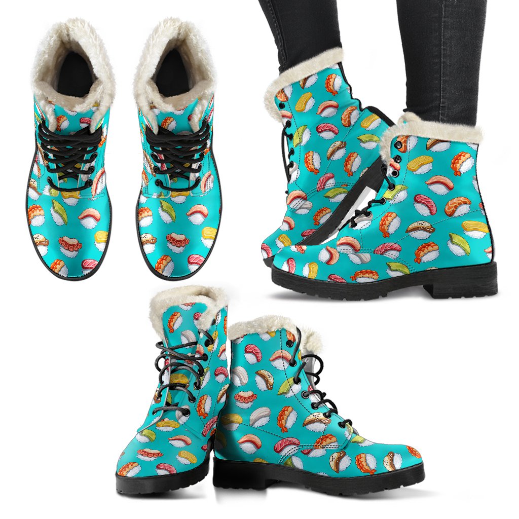 Sushi Themed Print Faux Fur Leather Boots-JTAMIGO.COM