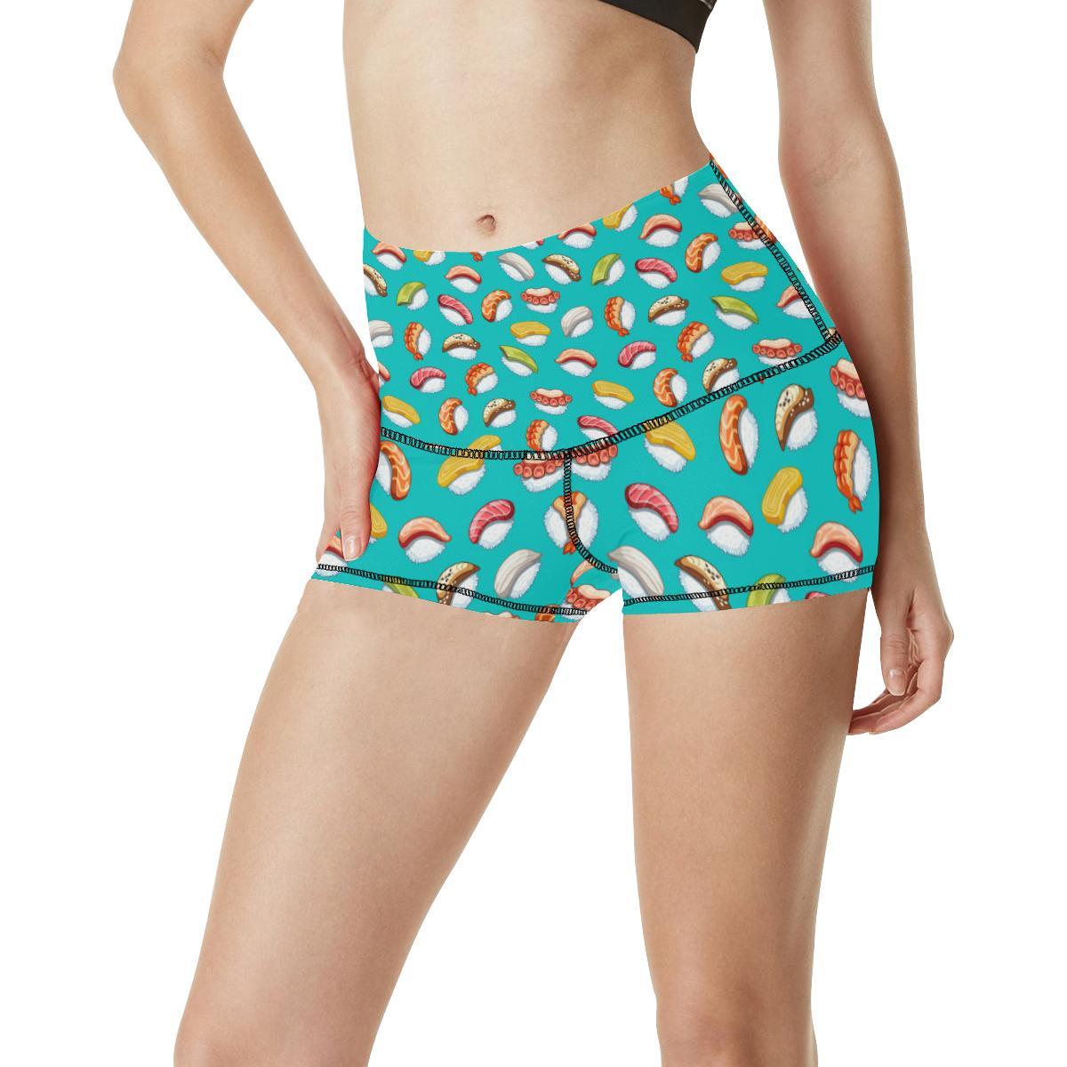 Sushi Themed Print High Waisted Spandex Shorts-JTAMIGO.COM