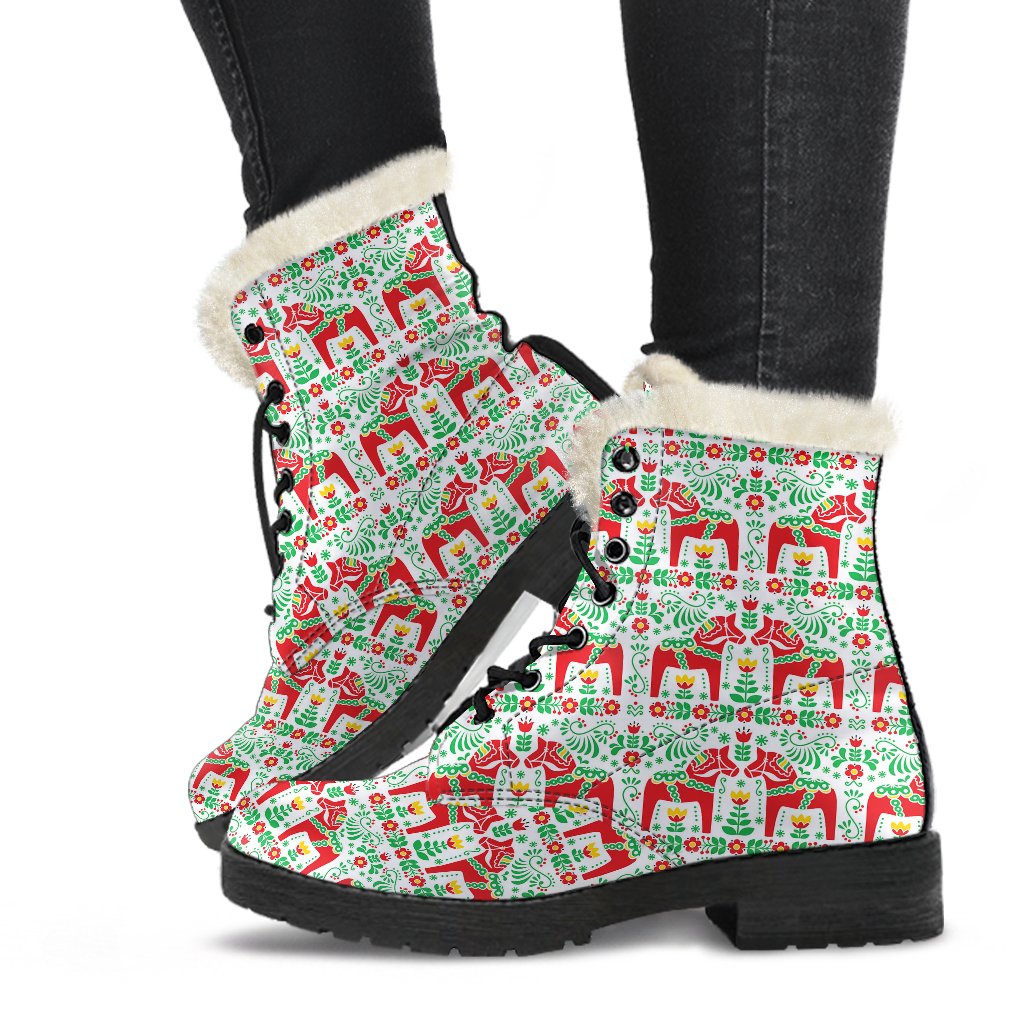 Swedish Dala Style Pattern Faux Fur Leather Boots-JTAMIGO.COM