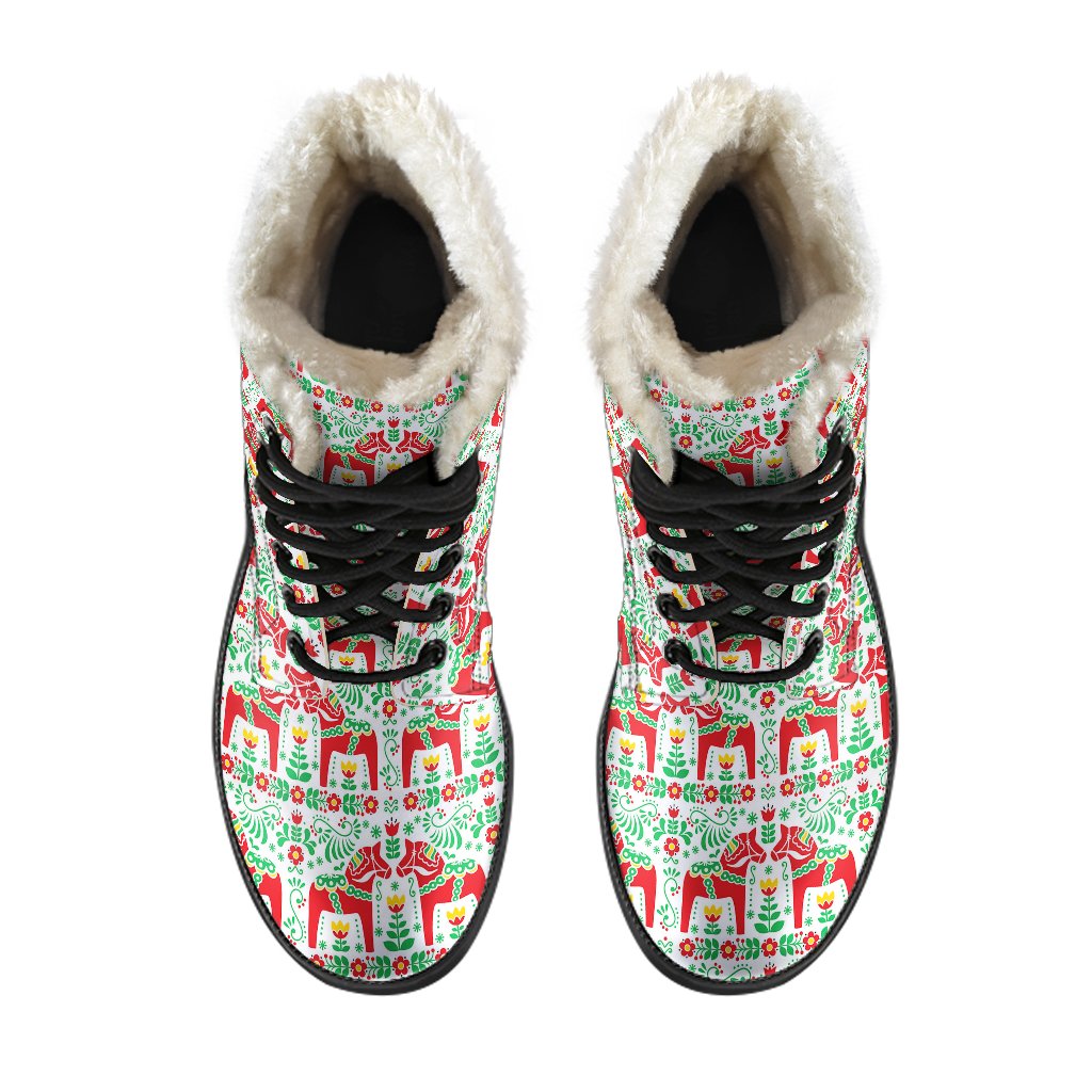 Swedish Dala Style Pattern Faux Fur Leather Boots-JTAMIGO.COM