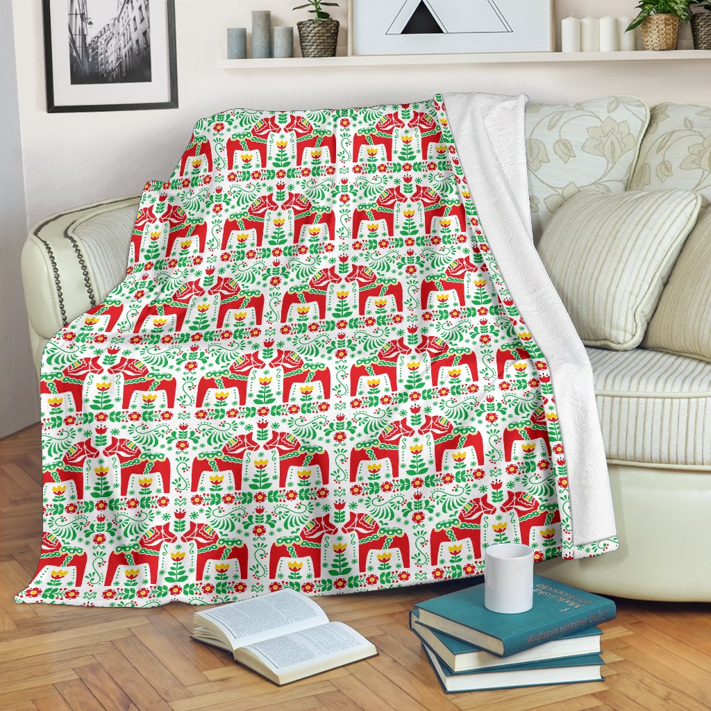 Swedish Dala Style Pattern Fleece Blanket
