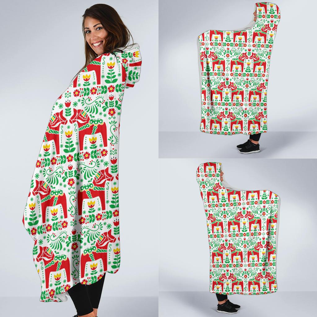 Swedish Dala Style Pattern Hooded Blanket-JTAMIGO.COM