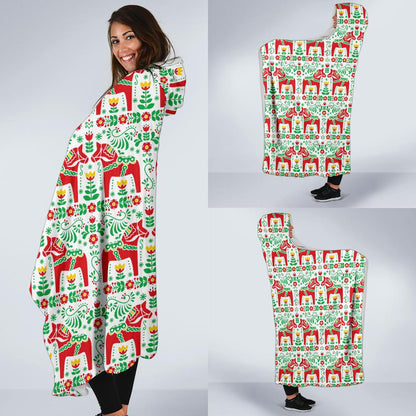 Swedish Dala Style Pattern Hooded Blanket-JTAMIGO.COM
