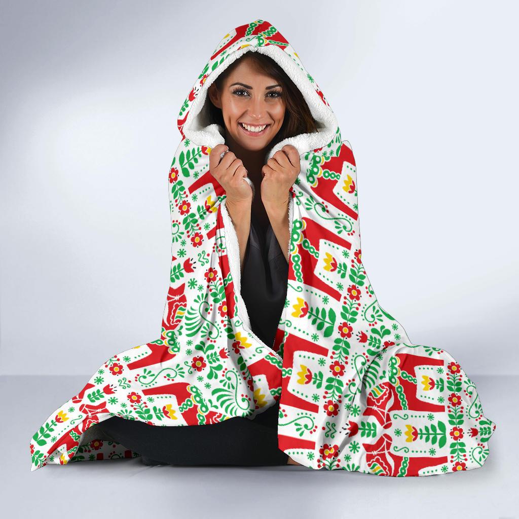 Swedish Dala Style Pattern Hooded Blanket-JTAMIGO.COM